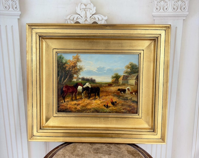 Vintage Farmhouse Oil Painting on Wood - Cows Chickens Village Landscape - Rustic Country Wall Art - Unique Vintage Decor