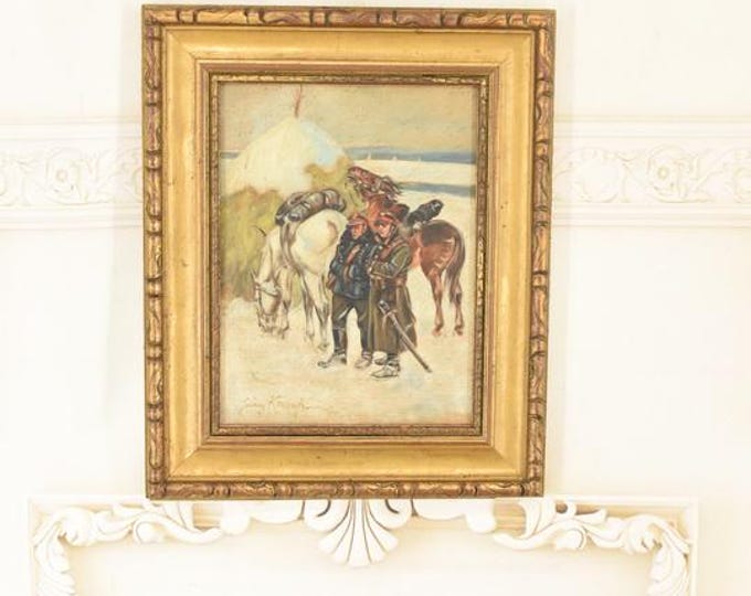 Antique Polish Oil Painting – Returning Soldiers from War