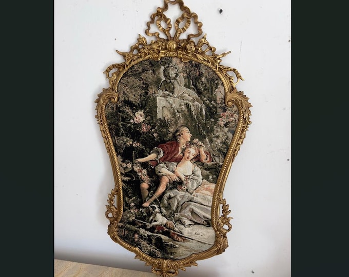 Vintage French Tapestry Wall Art - Aristocratic Lovers - Bronze Frame - Romantic Antique Style Decor