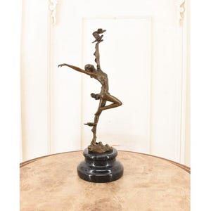 Art Deco Bronze Sculpture: Woman with Birds, Marble Base, Vintage Foundry Mark