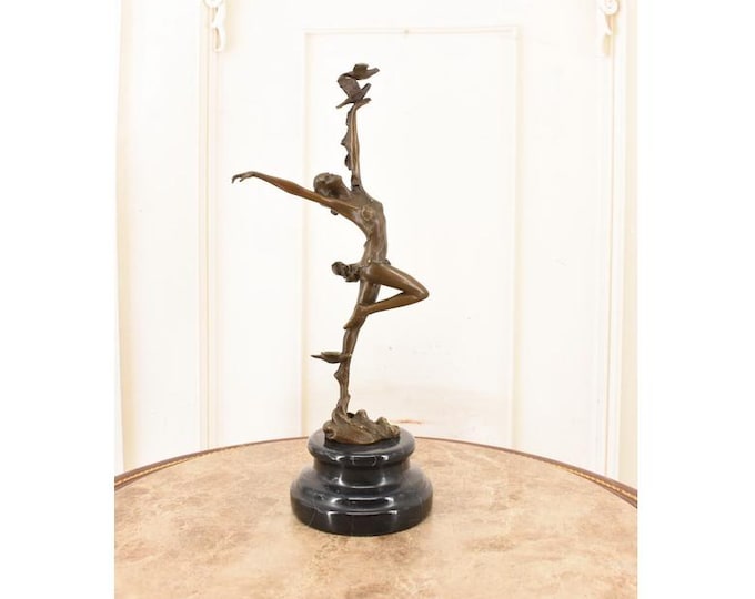 Art Deco Bronze Sculpture: Woman with Birds, Marble Base, Vintage Foundry Mark