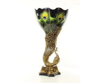 XXL Peacock Porcelain Vase on Bronze Base - 70cm