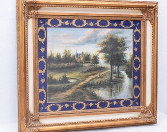 Painting on Porcelain - French Landscape - Exclusive Painting on Golden Frame - Medallion Vintage Luxury Gift
