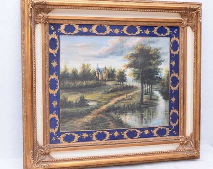 Painting on Porcelain - French Landscape - Exclusive Painting on Golden Frame - Medallion Vintage Luxury Gift