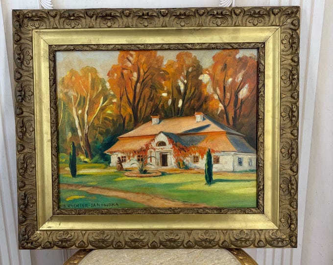 Antique Polish Manor House Landscape Oil Painting – B. Rychter-Janowska Style (Oil on Canvas)