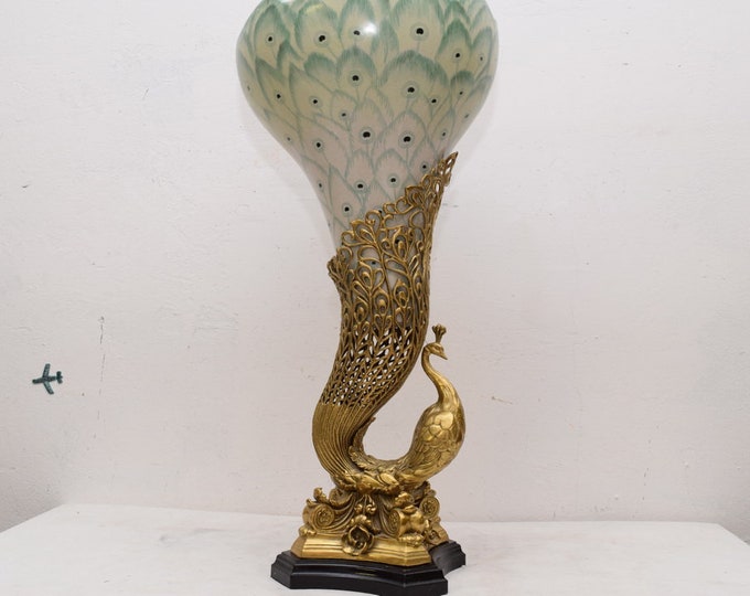 XXL VERY LARGE! Vintage Peacock Porcelain Vase on Bronze Base