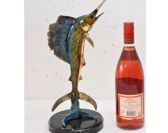 Amazing Gilded Bronze Fish - Marlin Bronze Statue - Art Work Painted Sailfish - Gift for Fisherman - Fish Sculpture on Marble Base
