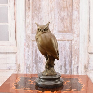 Large Bronze Owl Figurine: Vintage Wisdom Symbol on Marble Base image 4