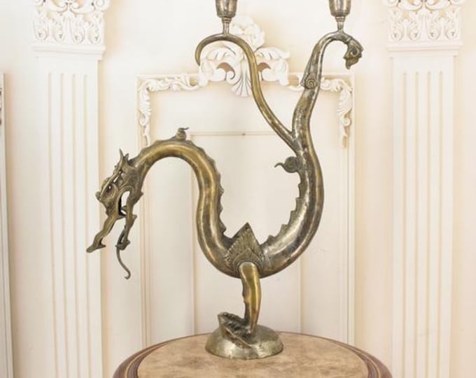 Antique Japanese Brass Double Arm Dragon Candlestick – Vintage Oriental Home Decor, Unique Collectible Candle Holder