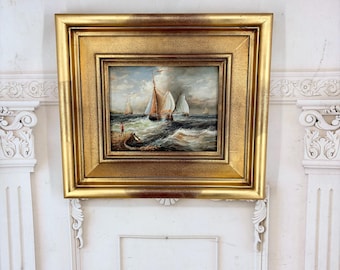 Vintage Sailing Ships Oil Painting on Wood - Maritime Seascape - Gold Frame - Nautical Wall Art