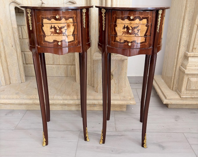 French Louis XVI Style Commode & Night Stand Set – Bronze Ornamented Wooden Tables