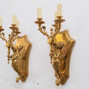 Two bronze empire wall sconces - bronze winged nymphs  - pair bronze candlesticks - luxury gift
