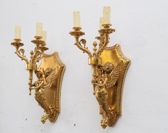 Two bronze empire wall sconces - bronze winged nymphs  - pair bronze candlesticks - luxury gift