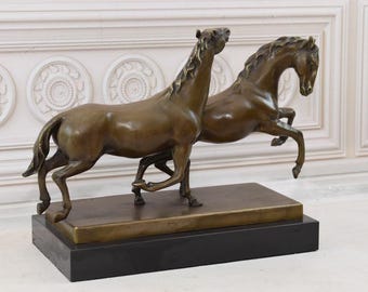 Wild Horses Bronze Sculpture on Marble Base - Horse Art