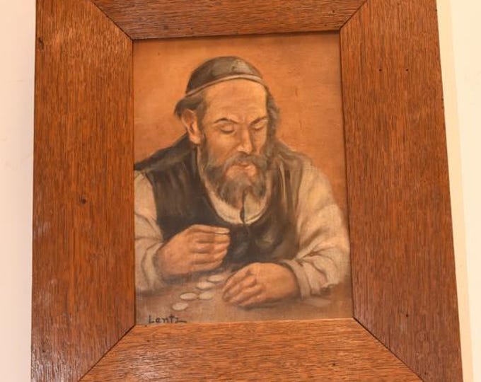 Antique Jewish Painting Signed Lentz | Jew with Gold Coins | Old Oil on Canvas | Vintage Wall Art | Judaica Home Decor