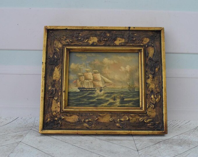 Vintage Painting Boat on Sea - Painting with Gold Frame - Sea Lovers Art - Painting HandMade Wall Decor - Home Decor - Gift Idea