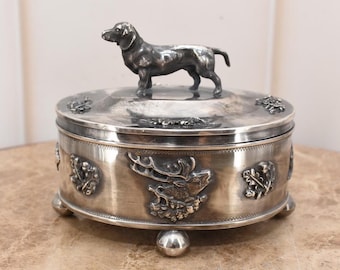 Antique Silver Sugar Box – 84 Silver Imperial Russia – Hunting Dog Decor – Tsarist Era Gift – Daschund Collectible – Unique Home Accent