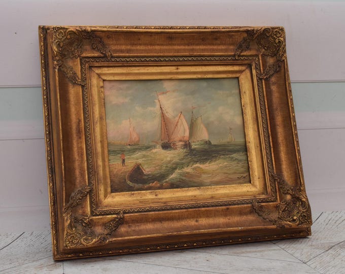 Vintage Painting Boat on Sea - Painting with Gold Frame - Sea Lovers Art - Painting HandMade Wall Decor - Home Decor - Gift Idea