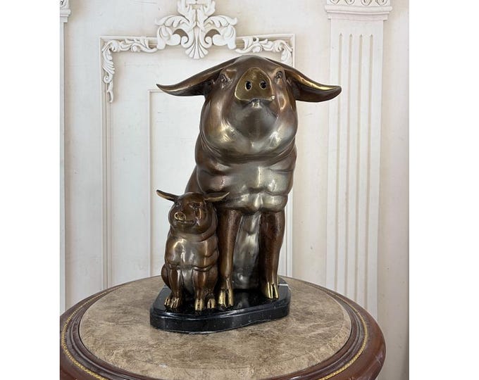 Two Sitting Pigs Bronze Statue – Gilded Vintage Animal Sculpture, Heavy Decor