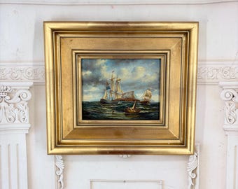 Vintage Sailing Ships Oil Painting on Wood - Maritime Seascape - Gold Frame - Nautical Wall Art