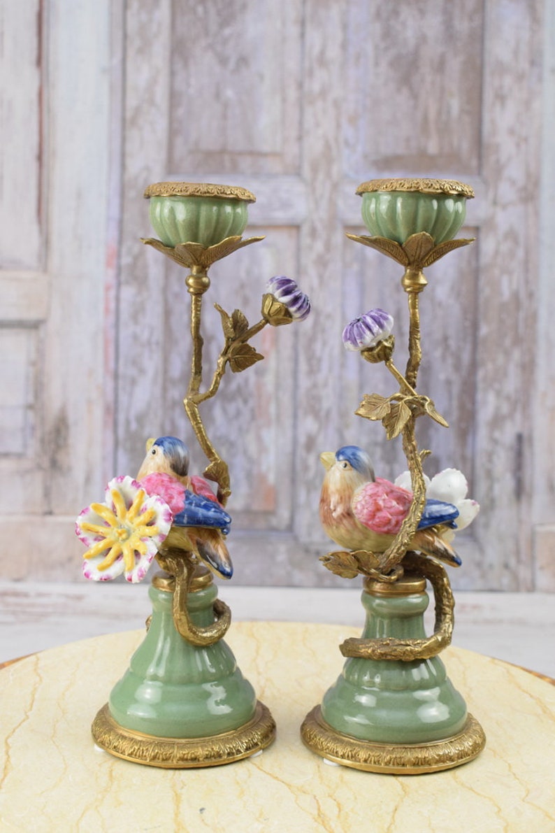 Pair Porcelain Candlesticks Bronze Ornaments Birds on a Branch Home Decor Unique Gift for Wedding Antique Candleholders image 4