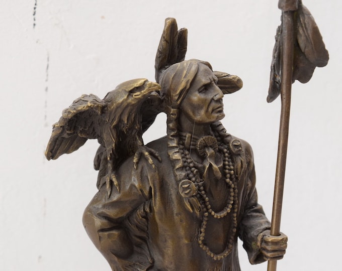 Large Indian Approve with Eagle - Bronze Sculpture on Marble Base - Exclusive Statue - Foundry Mark - Gift Idea -