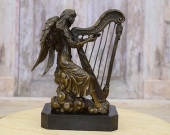 天使ミュージシャンのハープ像、20 CM、ハープを演奏する風に吹かれた