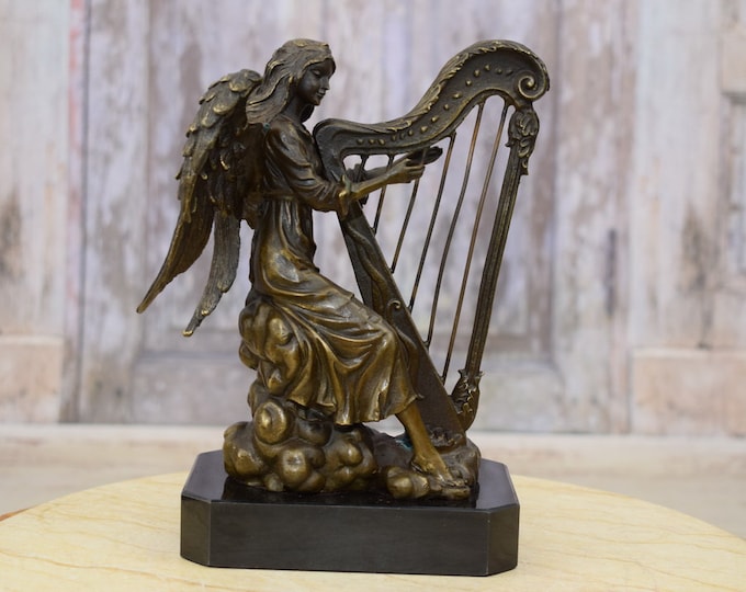 Angel playing the Harp Bronze Sculpture on Marble Base, Winged Woman, Amazing Bronze Statue, Home Decor, Gift Idea