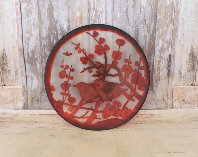 Limited Glass Plate - Red Glass Plate Birds Design - Emile Galle Style - Collector Item - Wedding Gift Idea - Home Decor