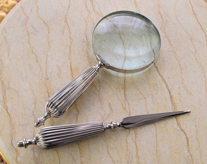 Magnifier and Letter Opener Set - Office Accessories Set of 2 Decorative Shiny Silver Brass - Art Work Elegant Gift Idea - Home Decor