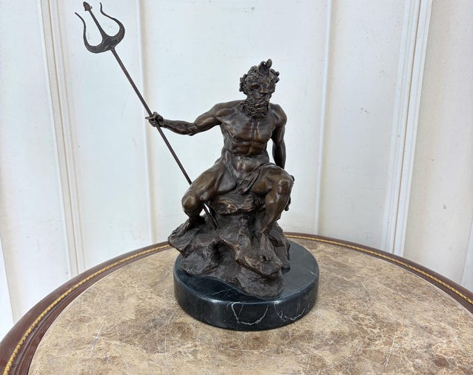Vintage Bronze Neptune Statue Roman Sea God with Trident Mythology Sculpture Nautical Decor Gift