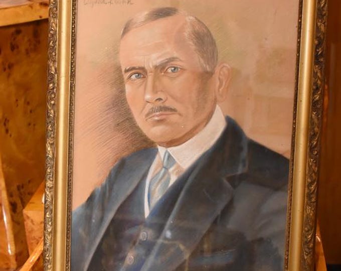 Antique Roman Dmowski Portrait: 1930 Polish Pastel Painting