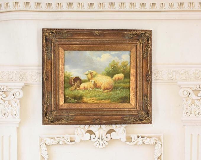 Sheep Family Painting – Pastoral Art in Golden Frame