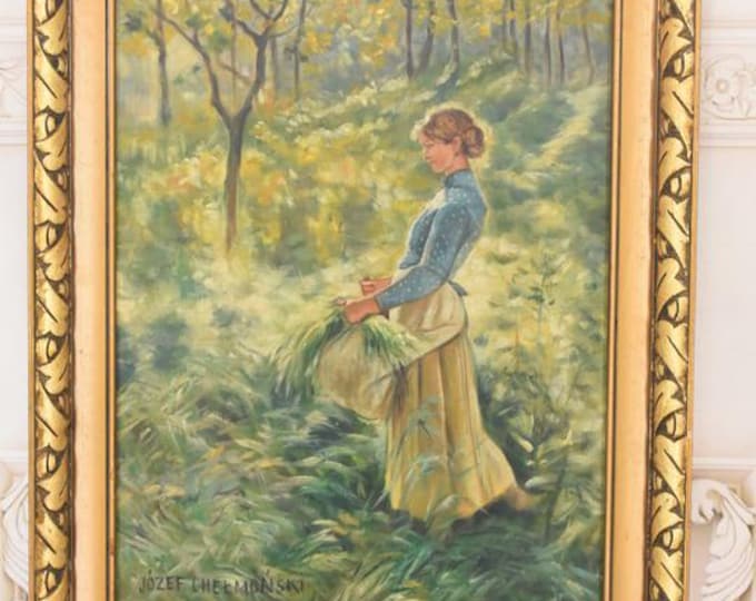 Antique Chełmoński Style Oil Painting – Woman in Garden, Gold Leaf Frame