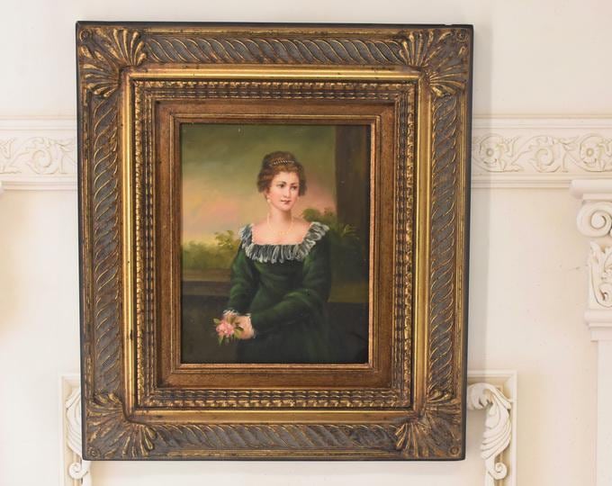Painting Portrait French Aristocrat - Goldene Frame - Portrait Woman - Old Oil on Wood - French Art - Wall Decor - Gift for Birthday Wedding