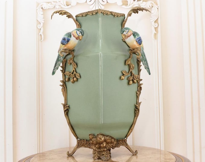 Unique Green Flower Vase with 2 Parrots Porcelain with Bronze Ornaments - Vase Art Nouveau - Flowers Design - Parrots Art Gift Home Decor