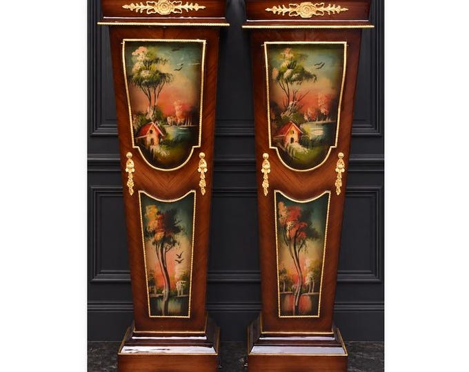 Pair of Decorative Pedestal Columns with Painted Panels - Marble Tops - Brass Details
