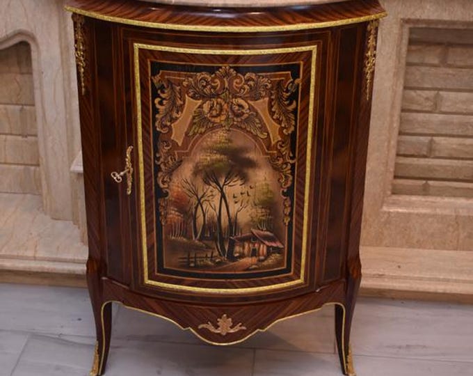 Vintage French Corner Commode – Hand-Painted Marble Top Chest of Drawers c. 1940