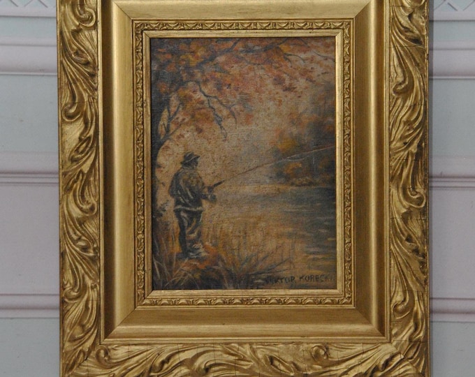 Antique Oil Painting On Wood – Fisherman By The Lake, Rustic Countryside Landscape, Unique Vintage Frame Wall Art Decor - Korecki Art