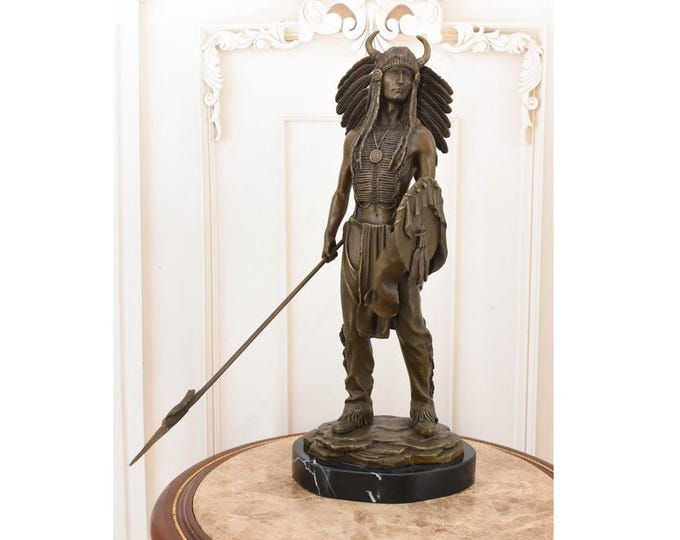 Bronze Apache Warrior Sculpture – Native American Figurine with Spear – Bronze Statue on Marble Base