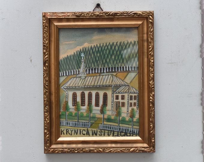 Nikifor Krynicki Painting: Old Krynica Zdroj, Polish Art Pastel on Carton