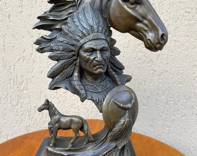 Western indian figurine bronze - indian with head horse - bust statue figurine - bronze sculpture - garden sculpture gift idea
