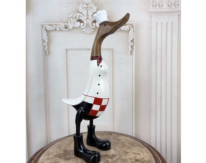 Vintage Teak Wood Chef Duck Figurine - Hand Painted Wooden Duck Cook Statue - Kitchen Decor
