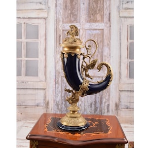 Vintage Navy Blue Porcelain Cornucopia Horn with Bronze Ornaments