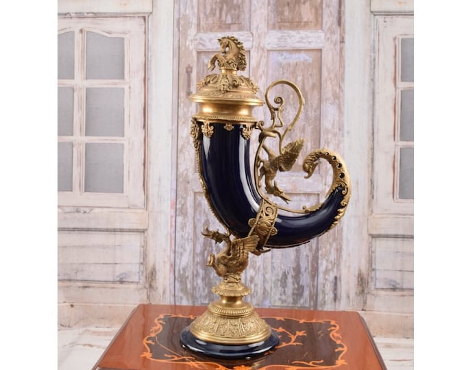 Big Decorative Cornucopia Horn - Porcelain with Bronze Ornaments -  Navy Blue Bronze Monumental Porcelain - Vintage Porcelain - Home Decor