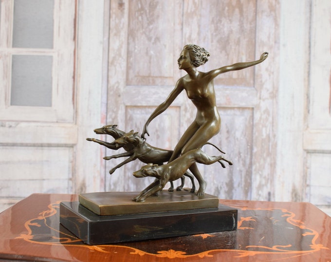 Diana with Greyhound Bronze Statue - Mythological Goddess Hunters Patron - Figure Bronze - Home Decor - Gift Idea -