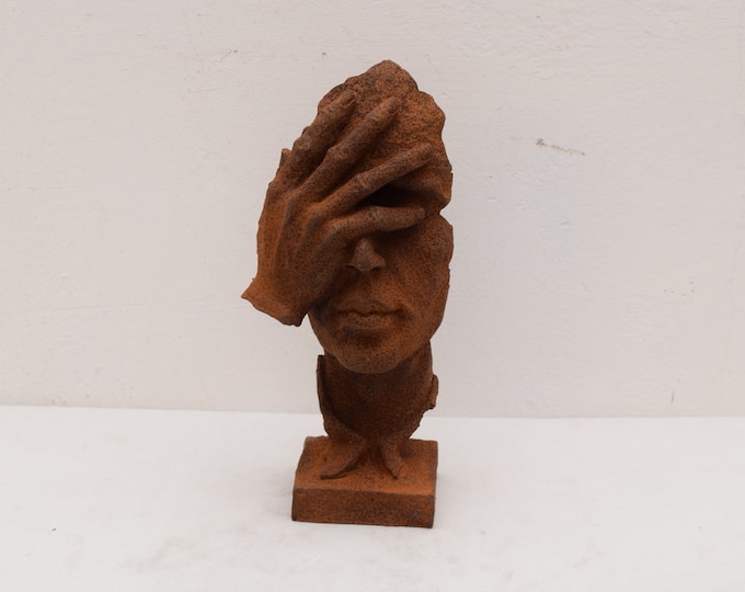 Cast Iron Sculpture of Man Who Asks for Silence The Whispering Blind Man Hand Before Face Man Figurine Gift Vintage
