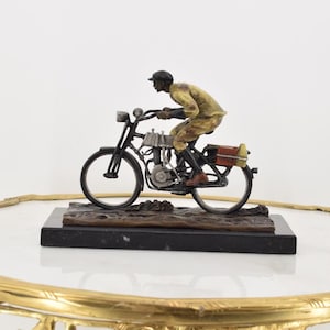 Man on a Motorcycle - Motor Bronze Figure on Marble Base - Austrian Signed Sculpture - Solid Bronze - Home Decor Gift - Collectible Art