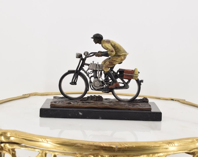 Man on a Motorcycle - Motor Bronze Figure on Marble Base - Austrian Signed Sculpture - Solid Bronze - Home Decor Gift - Collectible Art