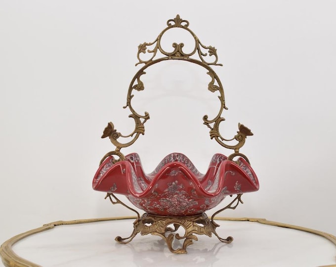 Red Porcelain Plateau with Bronze Ornaments - Vintage Casket - Art Nouveau Porcelain - Home Decoration - Regency Decor Kitchen Decor